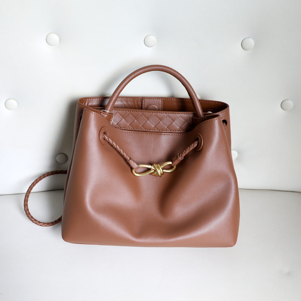 Genuine Leather Fashion Handbag with Metal Rope Buckle Premium Cowhide Woven Handle Shoulder Bag