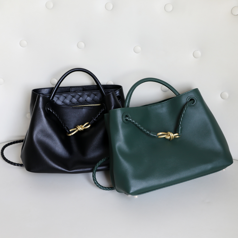 Genuine Leather Fashion Handbag with Metal Rope Buckle Premium Cowhide Woven Handle Shoulder Bag