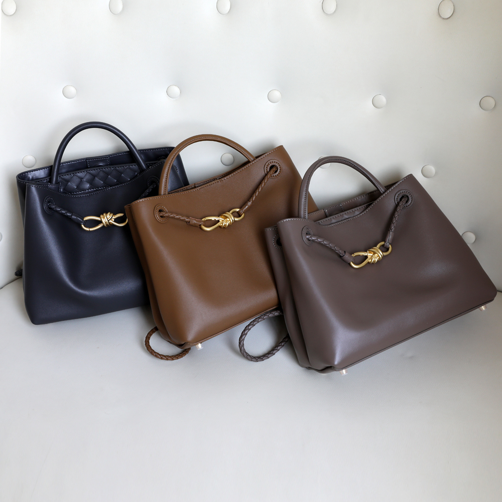 Genuine Leather Fashion Handbag with Metal Rope Buckle Premium Cowhide Woven Handle Shoulder Bag