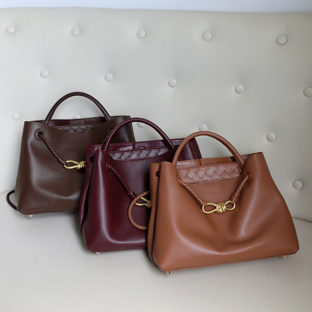 Genuine Leather Fashion Handbag with Metal Rope Buckle Premium Cowhide Woven Handle Shoulder Bag