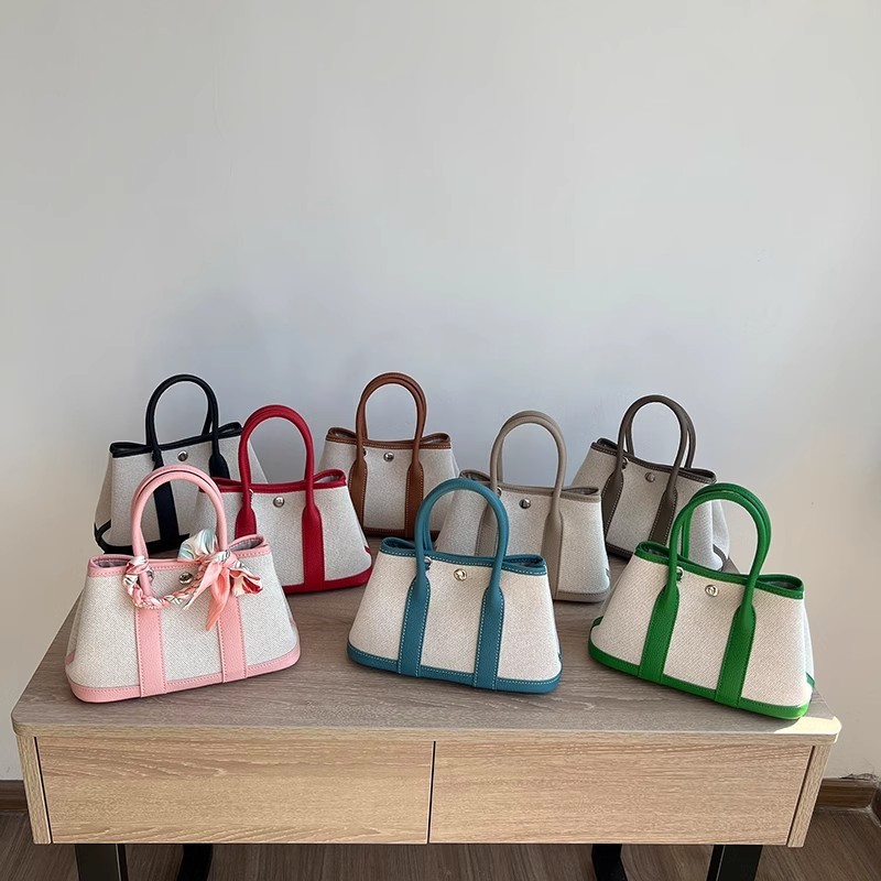 Large Capacity Classic Genuine Leather Top-grain Cowhide Canvas Garden Commuter Handbag