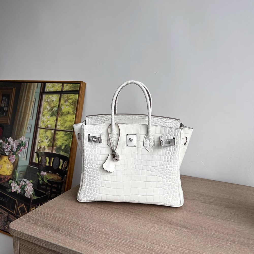 Wholesale silver Diamond Buckle Crocodile-Pattern Leather Birkin Bag, Genuine Leather, Fashionable Top-Handle Bag, Versatile High-End Shoulder & Crossbody Bag for Women