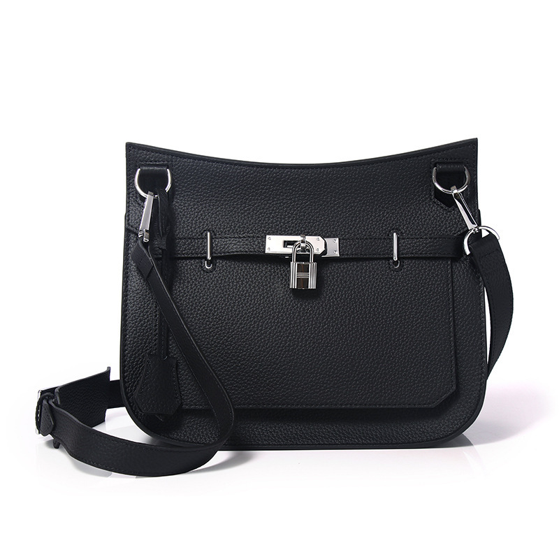Lock Buckle Genuine Leather Jypsiere Bag Kelly-Style Small Square Bag with Wide Shoulder Strap Casual Full-Grain Leather Crossbody Bag Women's Shoulder Bag