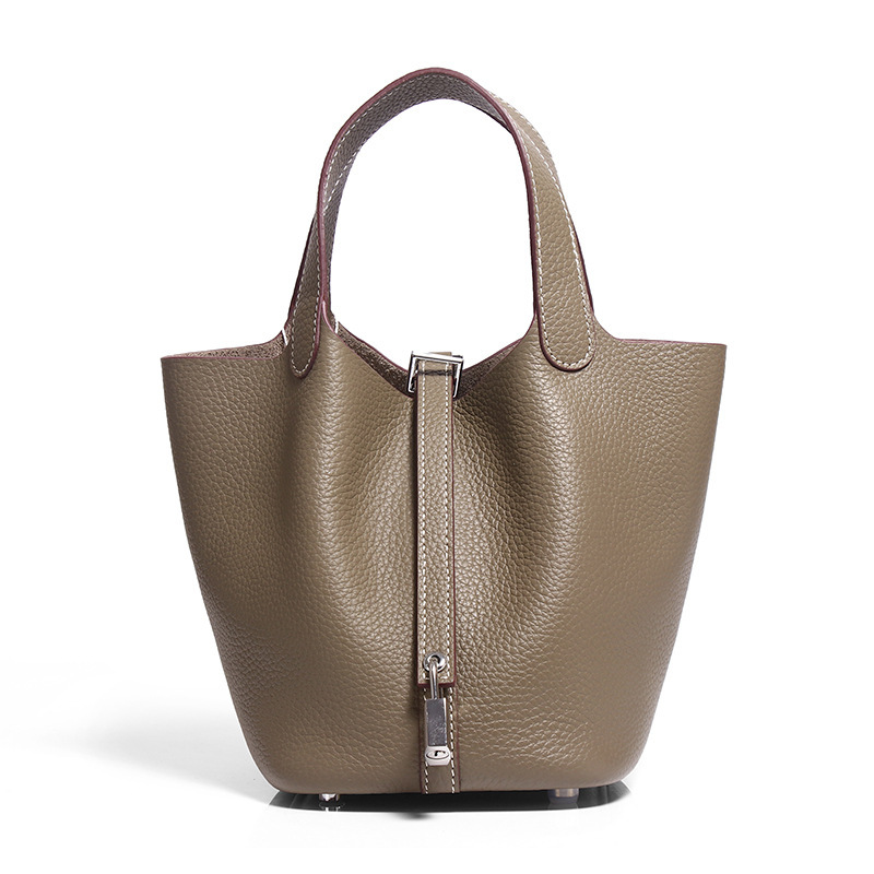 Tote Picotin Lock bag Mini Bucket Bag High-Quality First-Layer Genuine Leather Handheld Commuter Women's Bag
