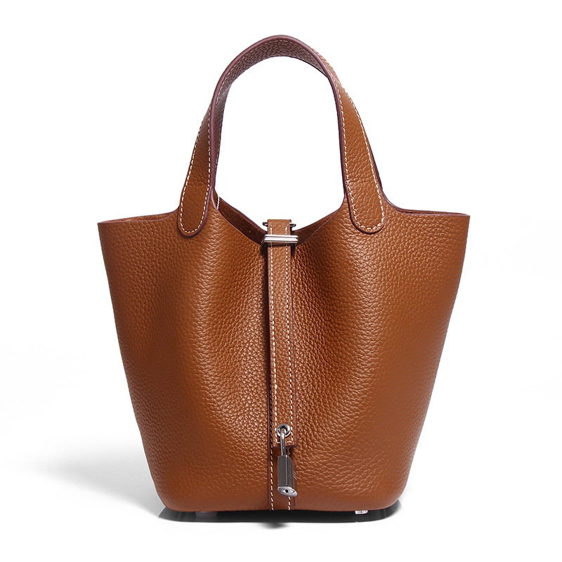 Tote Picotin Lock bag Mini Bucket Bag High-Quality First-Layer Genuine Leather Handheld Commuter Women's Bag