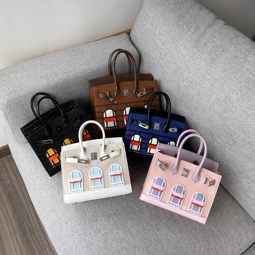 Crocodile pattern color-block genuine leather bag cowhide House Birkin bag fashion tote handbag single shoulder crossbody small bag
