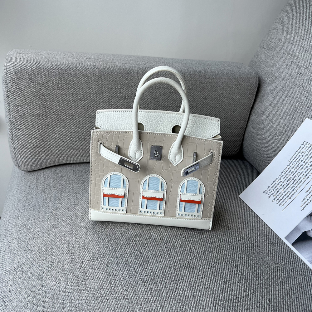 Crocodile pattern color-block genuine leather bag cowhide House Birkin bag fashion tote handbag single shoulder crossbody small bag