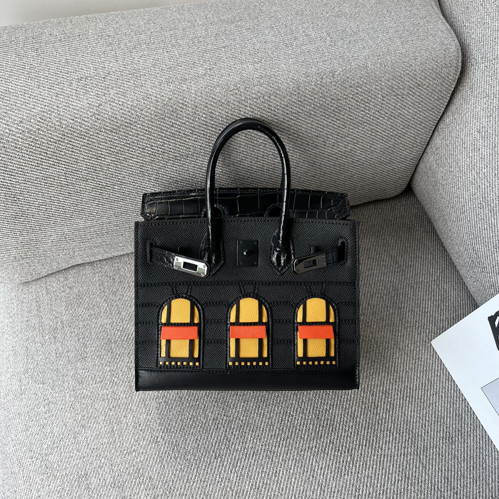 Crocodile pattern color-block genuine leather bag cowhide House Birkin bag fashion tote handbag single shoulder crossbody small bag