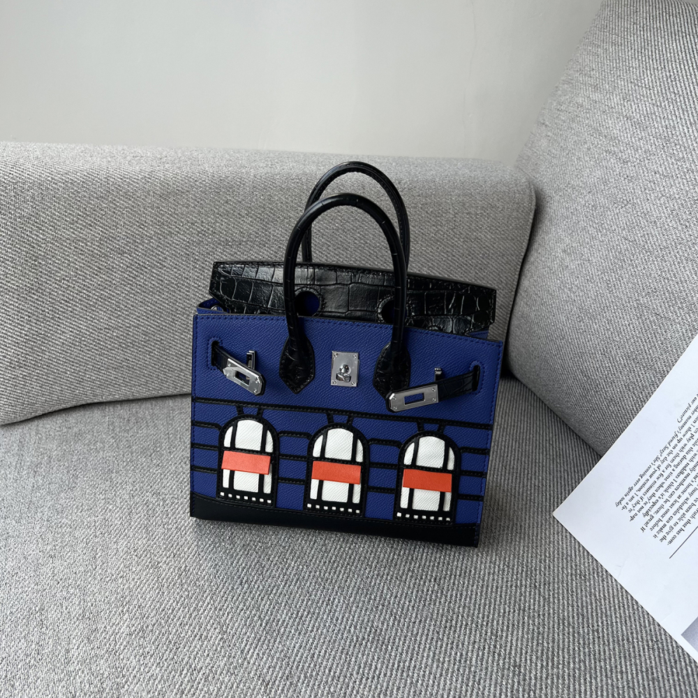 Crocodile pattern color-block genuine leather bag cowhide House Birkin bag fashion tote handbag single shoulder crossbody small bag