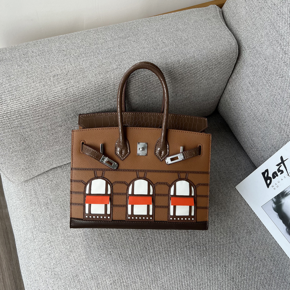 Crocodile pattern color-block genuine leather bag cowhide House Birkin bag fashion tote handbag single shoulder crossbody small bag