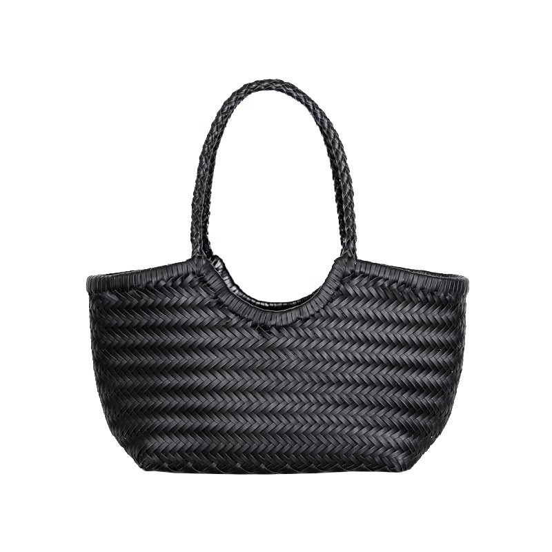 Handmade Cowhide Woven Bag for Women, French Style Niche Market Basket Bag, Genuine Leather Handheld Shoulder Tote Bag for Vacation, Underarm Tote