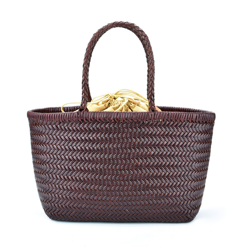French Style Basket Bag Top-Grain Cowhide Handmade Woven Bag for Women Summer Niche Genuine Leather Beach Vacation Handbag