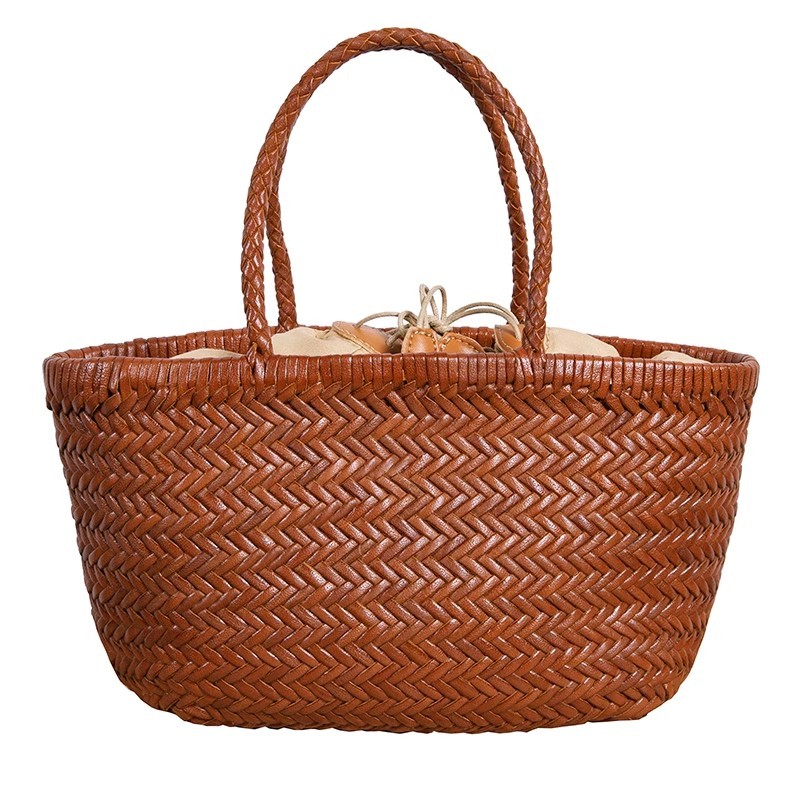 French Style Basket Bag Top-Grain Cowhide Handmade Woven Bag for Women Summer Niche Genuine Leather Beach Vacation Handbag