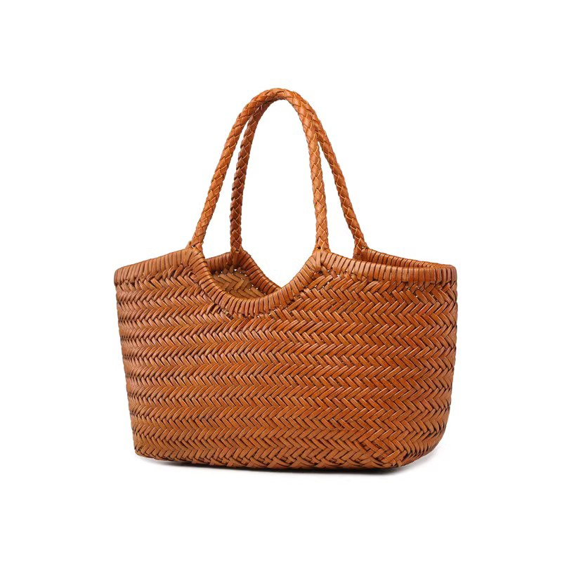 Handmade Cowhide Woven Bag for Women French Style Niche Market Basket Bag Genuine Leather Handheld Shoulder Tote Bag for Vacation Underarm Tote