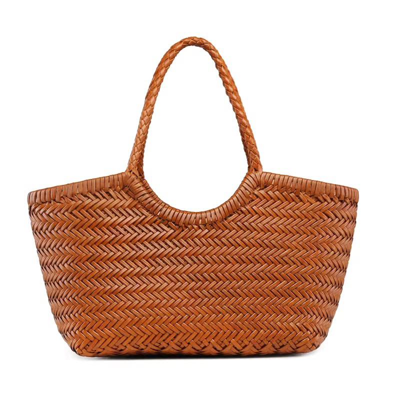 Handmade Cowhide Woven Bag for Women French Style Niche Market Basket Bag Genuine Leather Handheld Shoulder Tote Bag for Vacation Underarm Tote