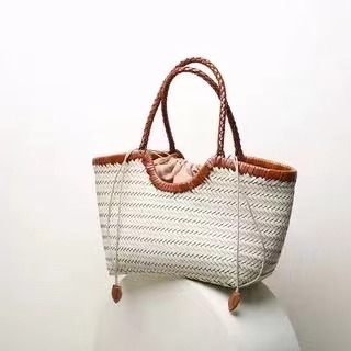 Handmade Cowhide Woven Bag for Women French Style Niche Market Basket Bag Genuine Leather Handheld Shoulder Tote Bag for Vacation Underarm Tote