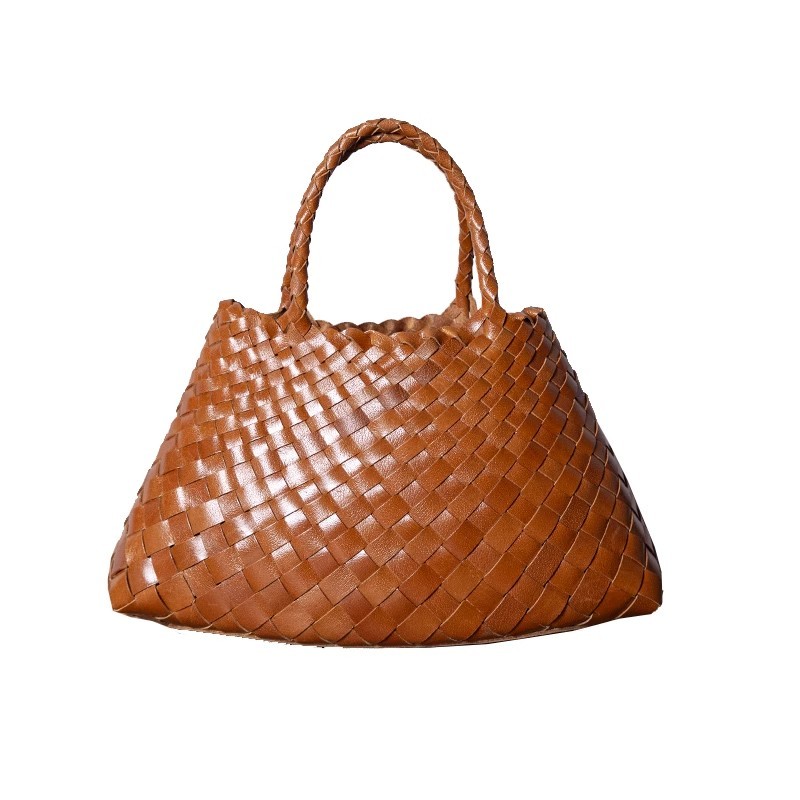 Wholesale Handmade Woven Leather Tote Bag Vintage  Cowhide Basket Bag Fashionable Handcrafted Shoulder Bag