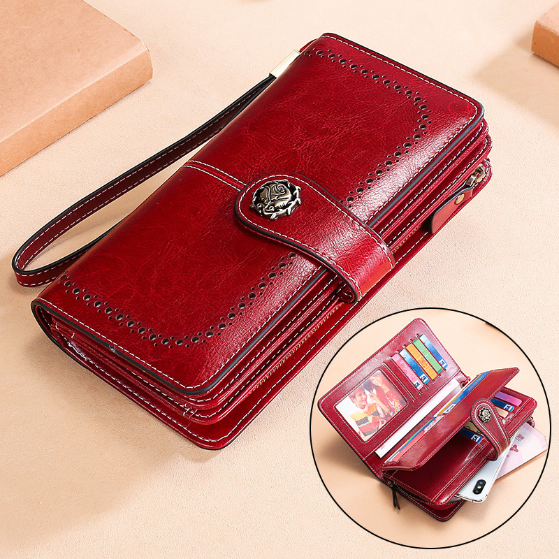 Wholesale Large Capacity Multifunctional Long Women's Wallet RFID European and American Retro Genuine Leather Clutch Leather Wallet Manufacturer