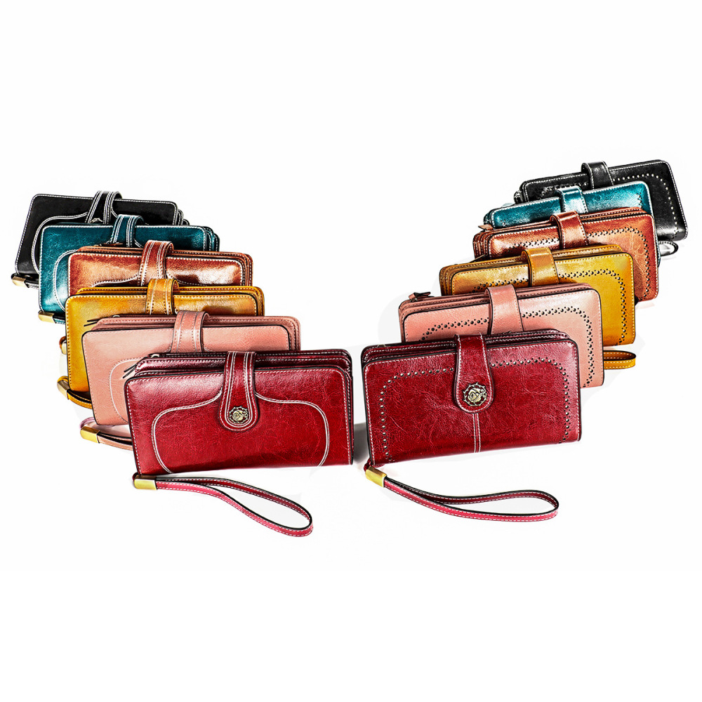 Wholesale Large Capacity Multifunctional Long Women's Wallet RFID European and American Retro Genuine Leather Clutch Leather Wallet Manufacturer
