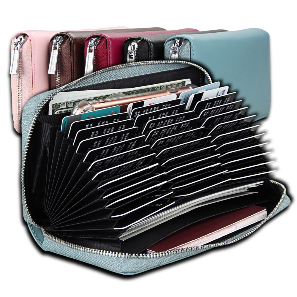 Wholesale Accordion Long Leather Card Holder Passport Wallet RFID Blocking Credit Card Holder Multi-functional Men and Women Wallet Passport Organizer