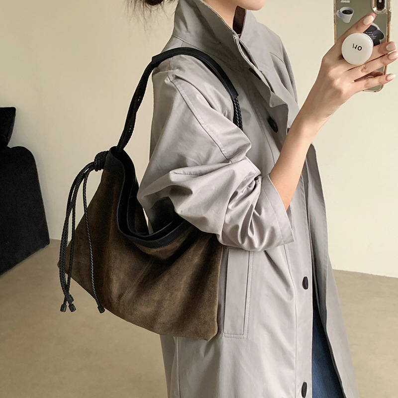 慵懒复古休闲头层牛皮反绒磨砂麂皮单肩托特包2025新款大容量女包