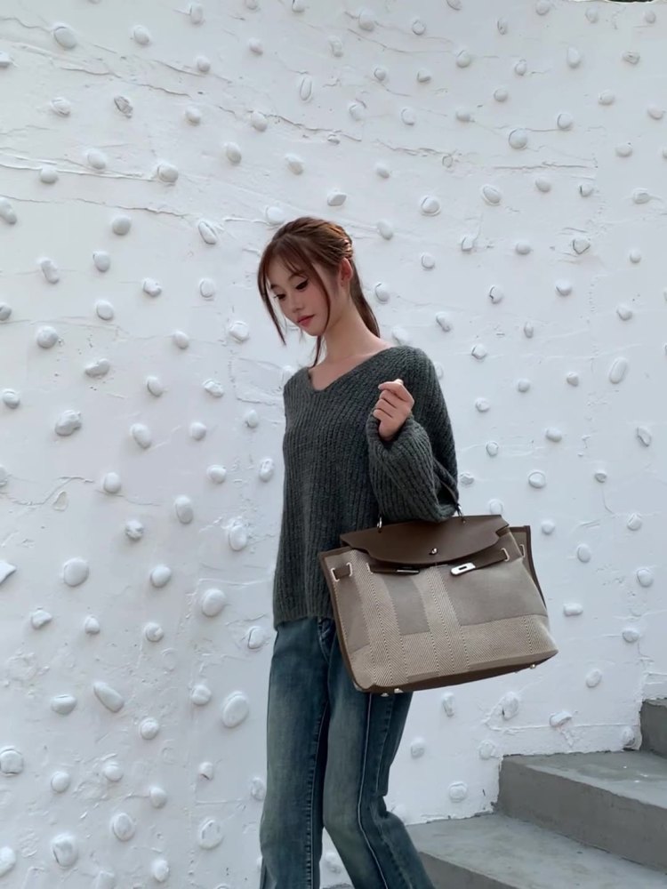 高级感铂金包复古帆布拼接牛皮通勤包大容量单肩包手提包女