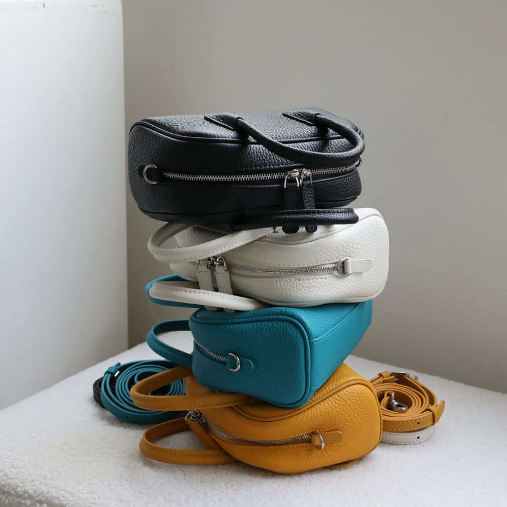 韩版头层牛皮保龄球包女包手提包斜挎包波士顿包真皮小包