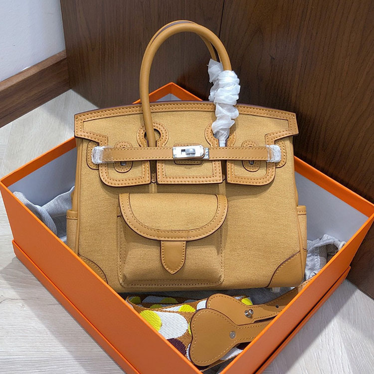 Wholesale Premium Swift Leather and Canvas Contrast Tote - Luxury Birkin Style Patchwork Handbag for Women
