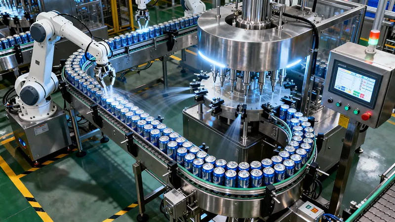 A state-of-the-art automated aluminum canning line at LaiZhi Beverage, showcasing the precision required for high-volume beverage contract manufacturing.