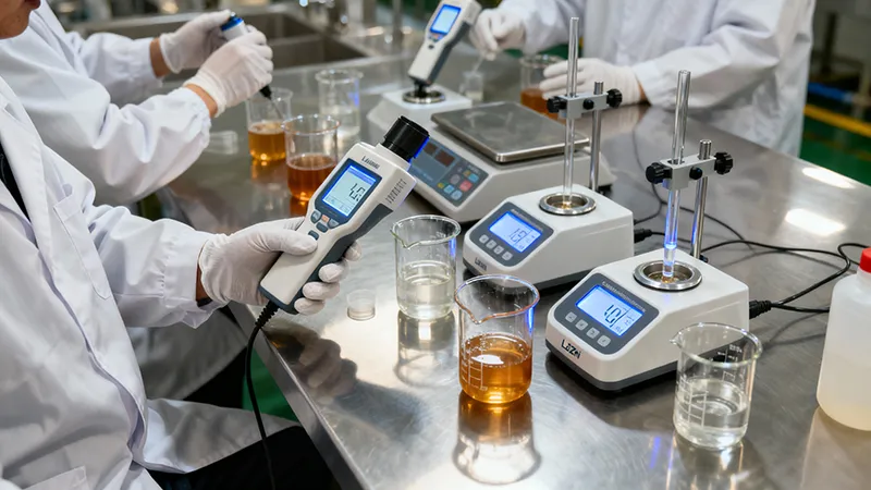 Specialized technicians at LaiZhi Beverage performing Brix (sugar) and pH testing to ensure the consistency of custom beverage formulations.