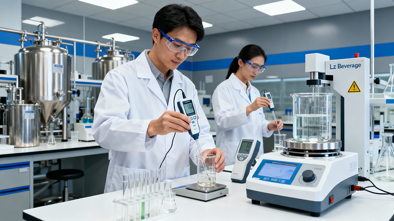 Specialized scientists in the Lz Beverage lab conducting rigorous pH, Brix, and stability tests to maintain the highest quality standards.