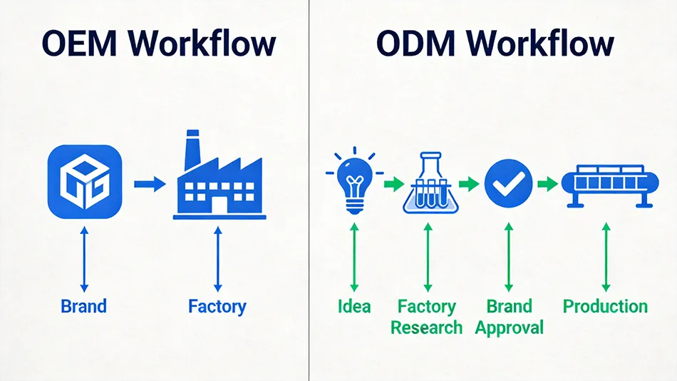 A visual comparison showing the workflow of OEM (Brand &rarr; Factory) vs ODM (Idea &rarr; Factory Research &rarr; Brand Approval &rarr; Production
