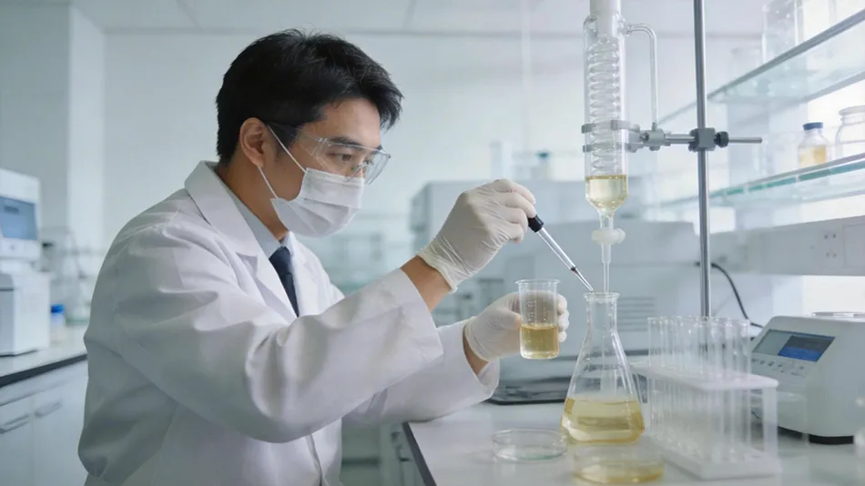 A beverage scientist in a clean laboratory setting, precisely measuring liquid samples. This highlights the R&D depth provided in an ODM partnership to ensure flavor stability and functional potency.