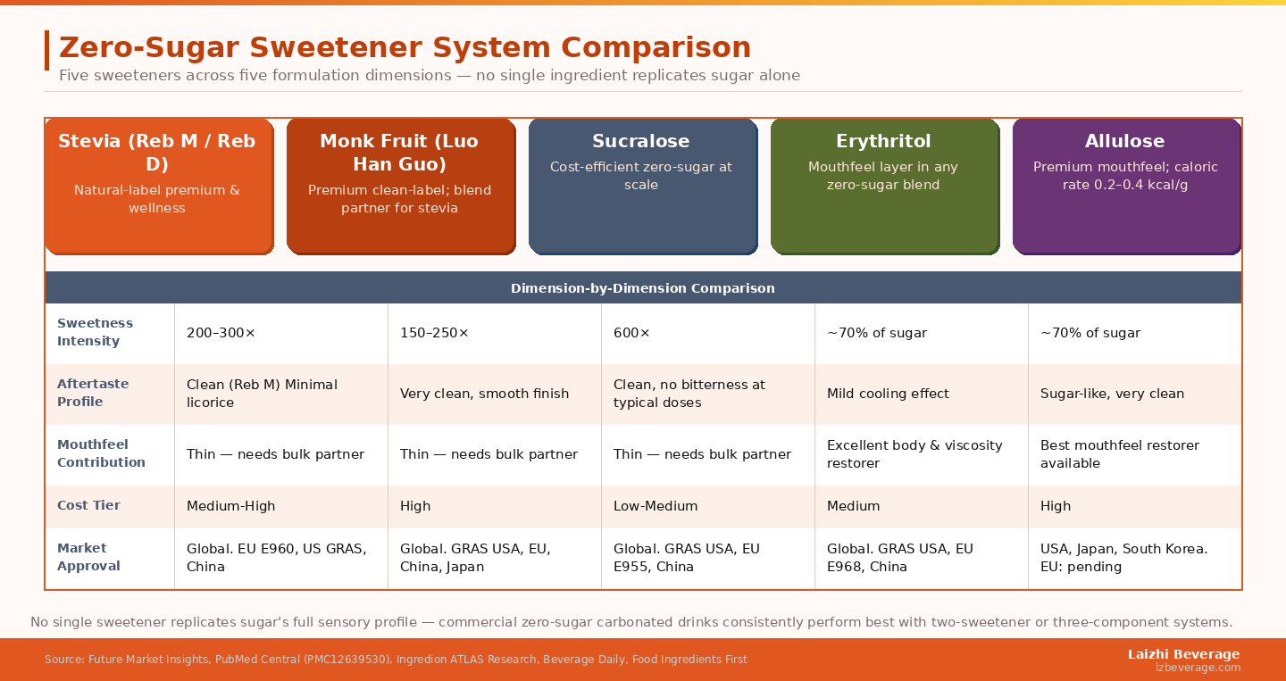 No single sweetener replicates sugar's full sensory profile — commercial zero-sugar carbonated drinks consistently perform better with two-sweetener or three-component systems than with single-ingredient replacement.