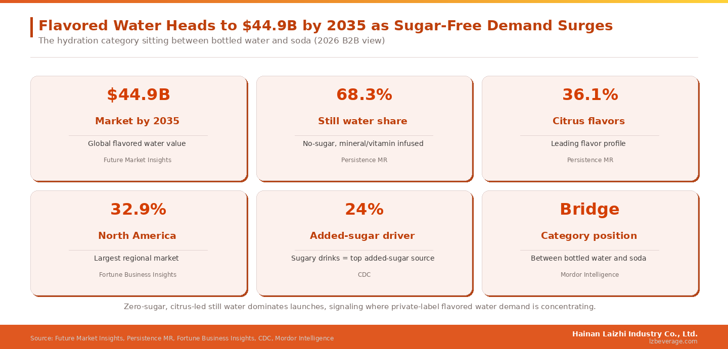 Zero-sugar, citrus-led still water dominates launches, signaling where private-label flavored water demand is concentrating.