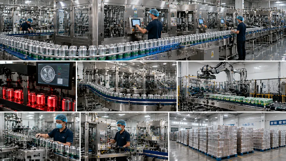 Beverage production facility with can filling inspection and packaging lines