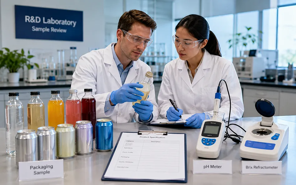 Beverage laboratory technician reviewing formula and sample specifications