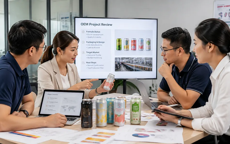 LaiZhi sales and technical team reviewing an OEM beverage project brief