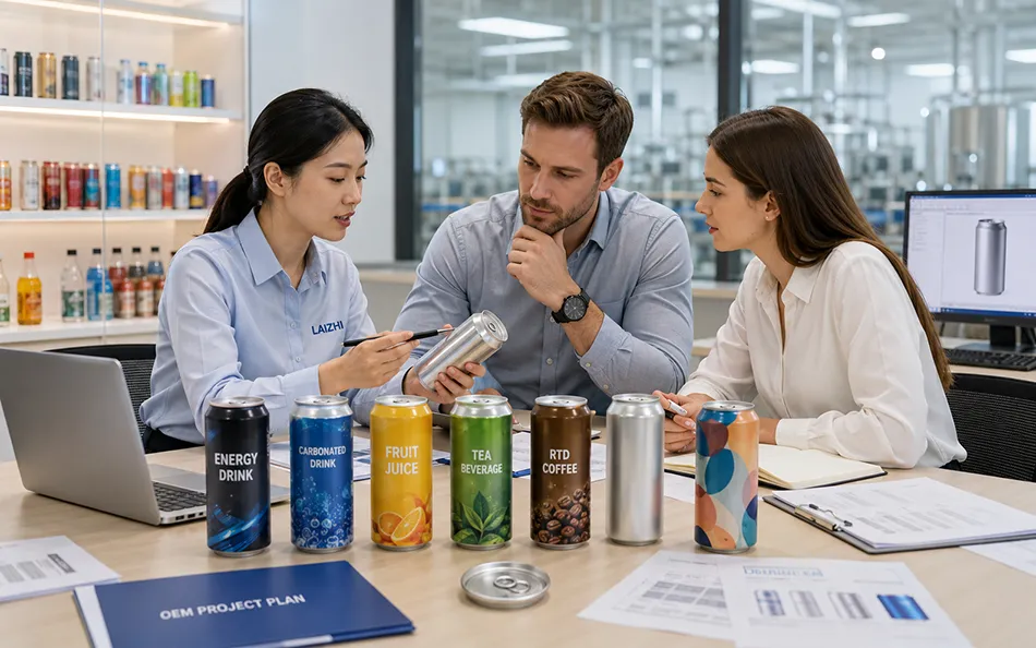 Custom beverage OEM and ODM project review with canned drink samples