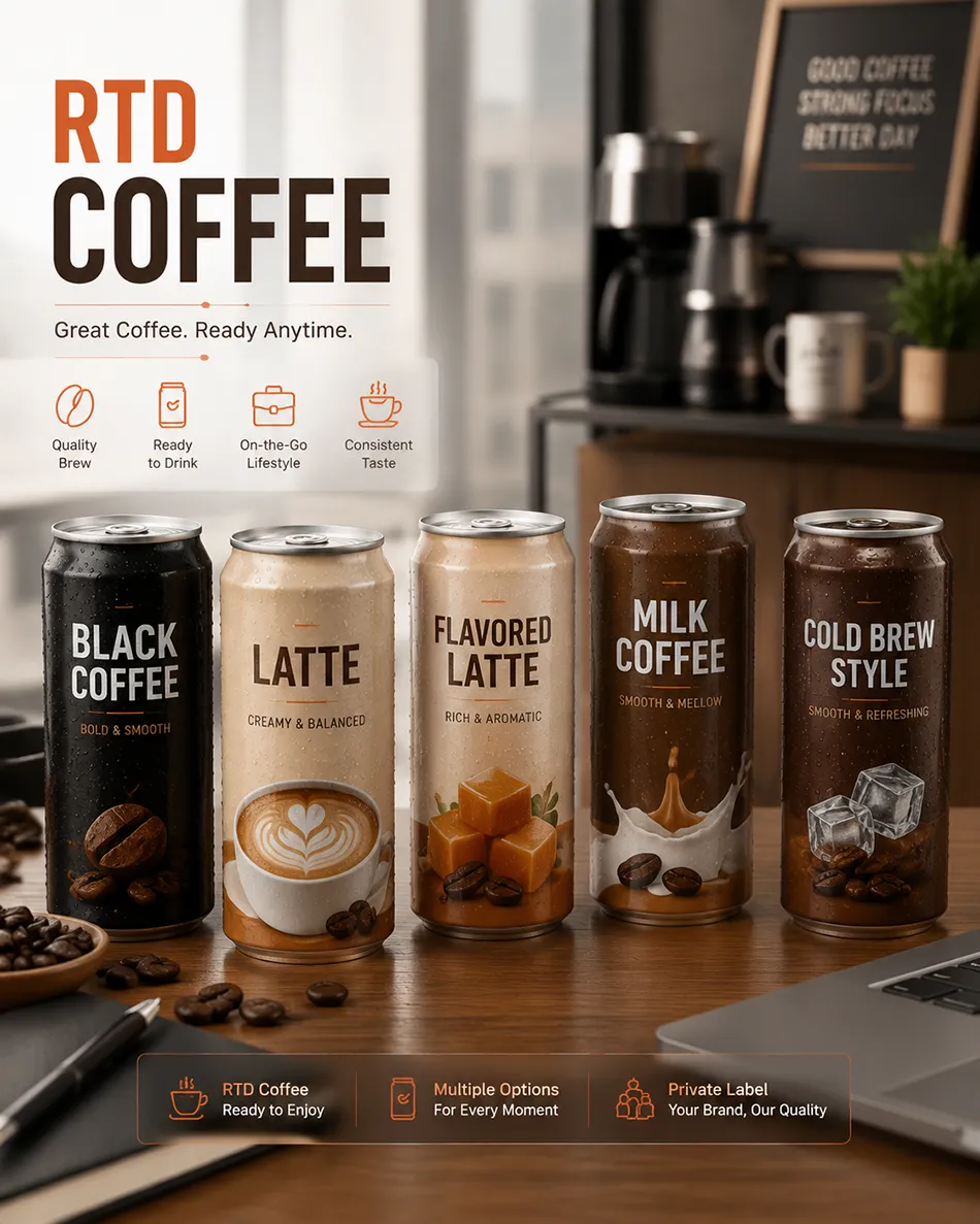 Canned coffee and flavored latte drinks for OEM beverage projects