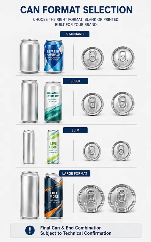 Blank and printed aluminum beverage cans in different package formats