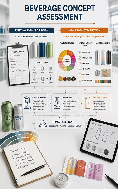 Beverage concept assessment with flavor targets formula status and package format