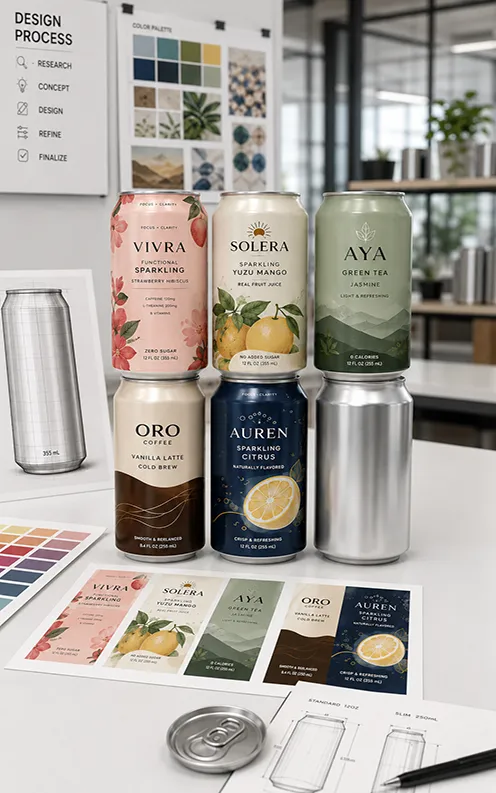Custom printed beverage cans with artwork and packaging review materials