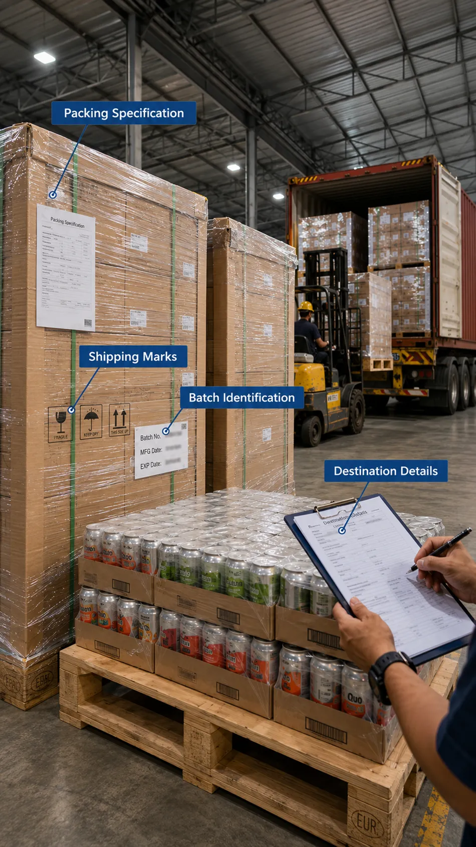 Finished canned beverages prepared for pallet packing and export shipment