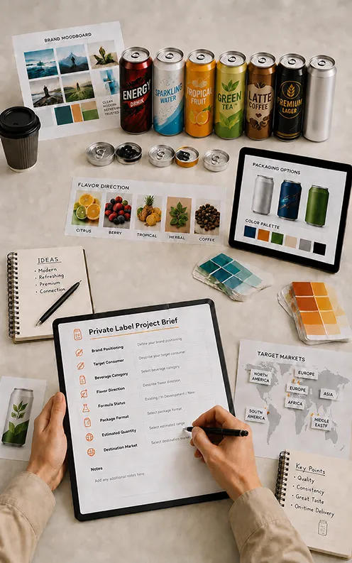 Private label beverage brief with product positioning packaging and target market fields