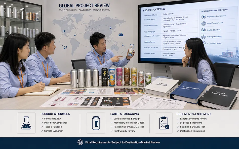 Beverage export project review covering destination labeling packaging and documents
