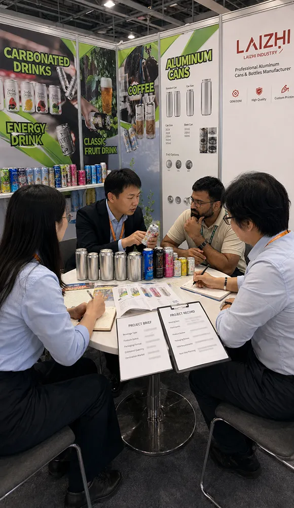 International beverage buyer discussing private label packaging with the LaiZhi team