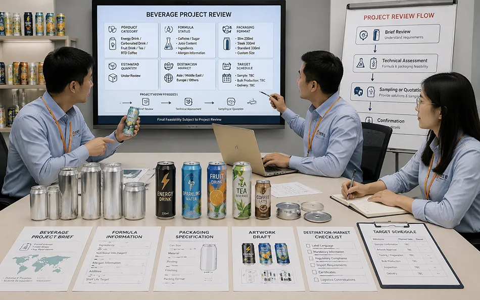Sales and technical team reviewing a private label beverage project brief