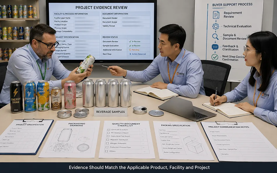 International buyer reviewing beverage samples packaging and project documents