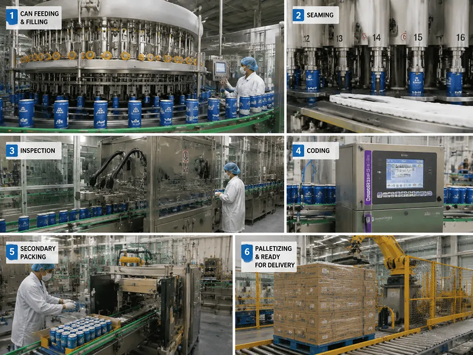 Beverage can filling inspection and secondary packaging area
